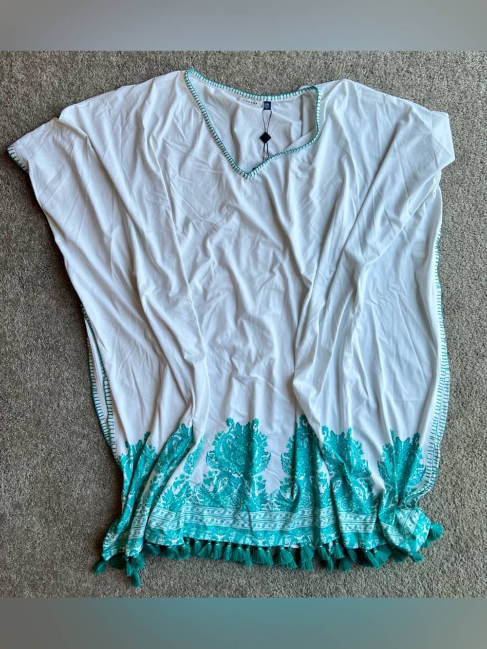 Cabana Life White Tunic Coverup with Teal Embroidery